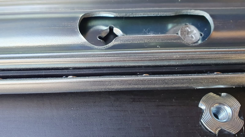 Drawer rail and t-nut - close view